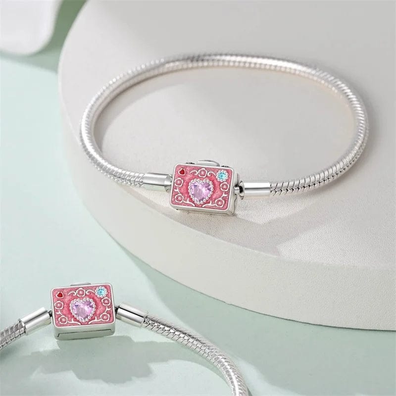 Pink Camera Crystal Heart Snake Chain Bracelet