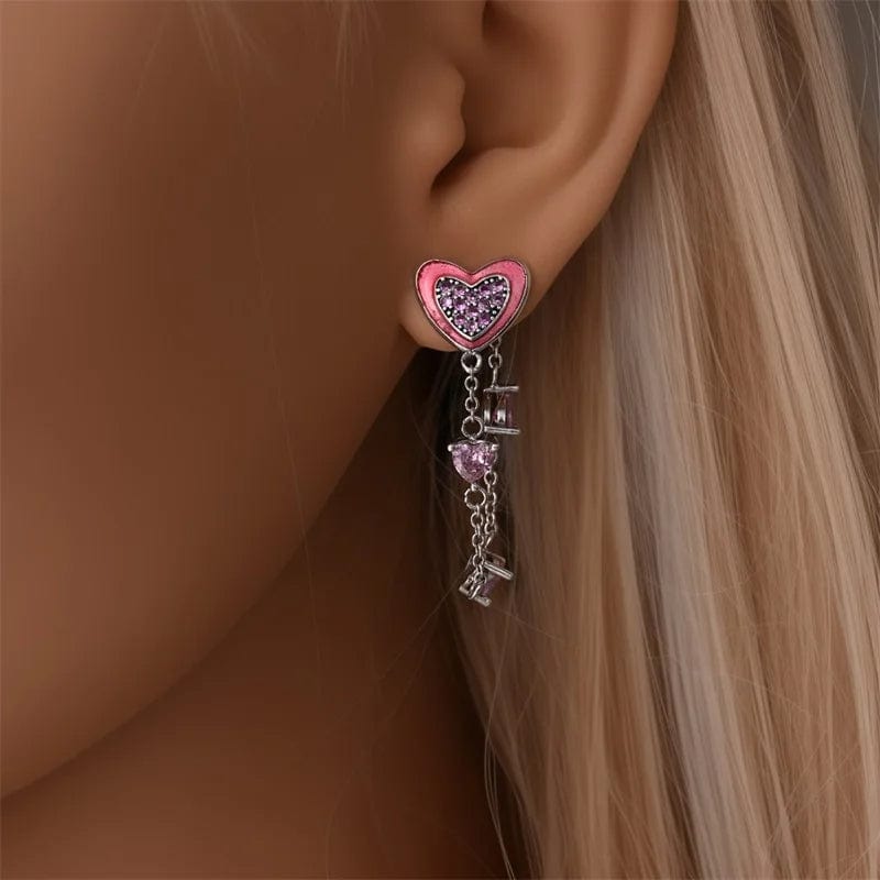Pink Crystal Heart Dangle Earrings