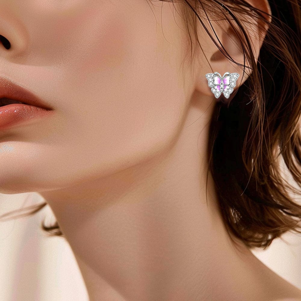 Pink Enamel Butterfly Stud Earrings with Crystal Accents