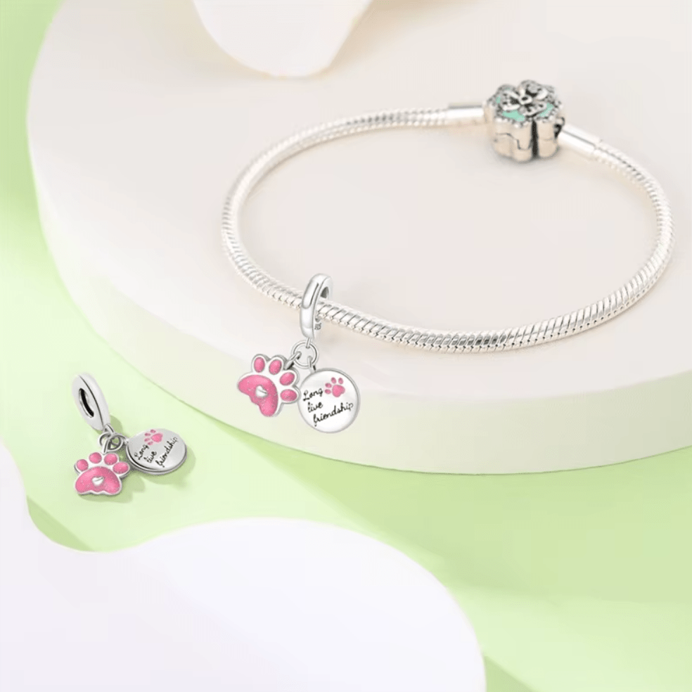Pink Glitter Pawprint Friendship Double Dangle Charm