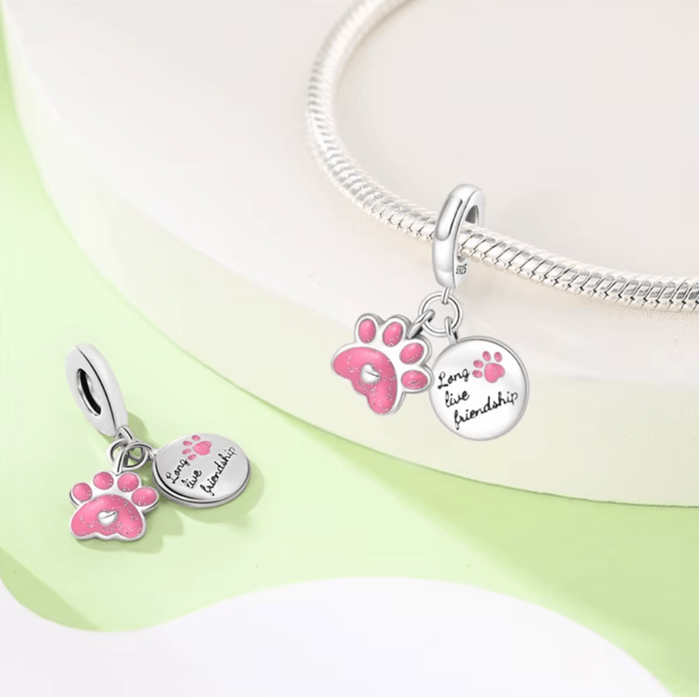 Pink Glitter Pawprint Friendship Double Dangle Charm