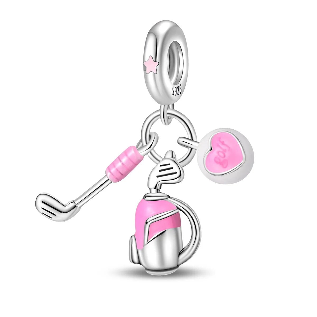Pink Golf Club, Bag & Heart Dangle Charm