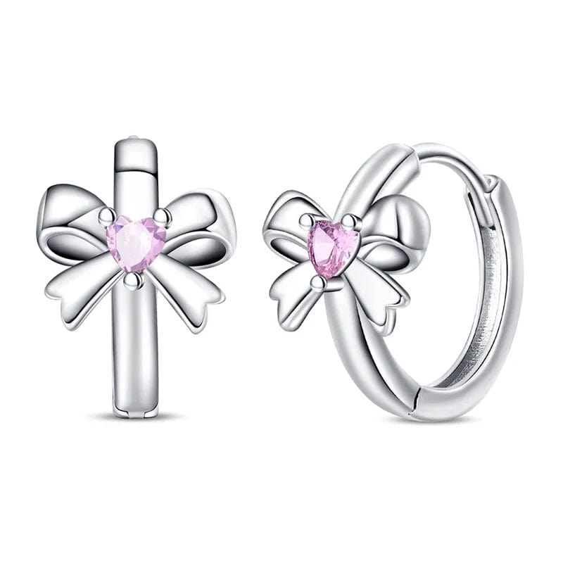 Pink Heart Gemstone Bow Hoop Earrings