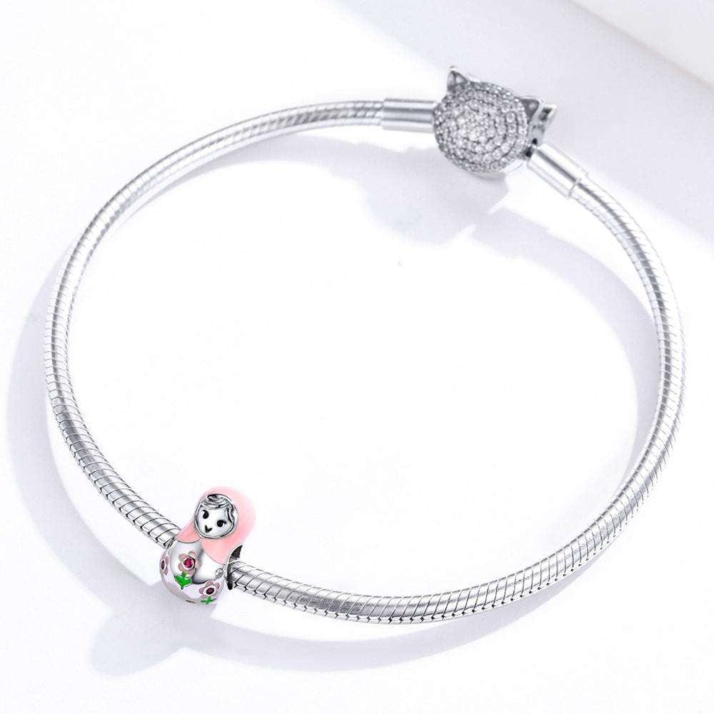 Pink Matryoshka Doll with Floral Crystal Accents Charm