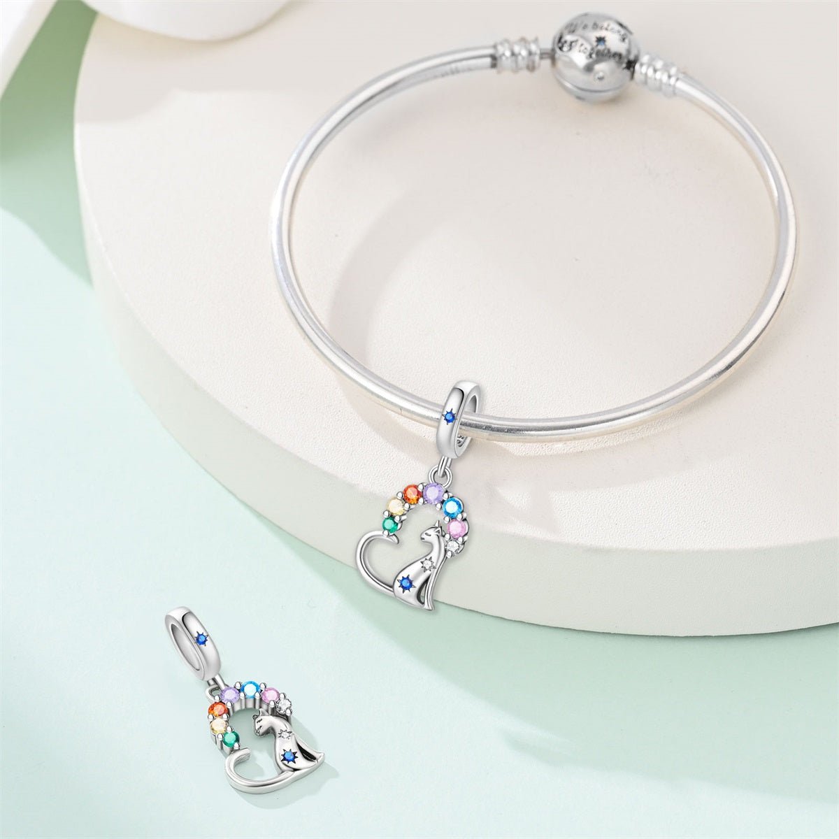 Rainbow Gems & Sitting Cat Dangle Charm