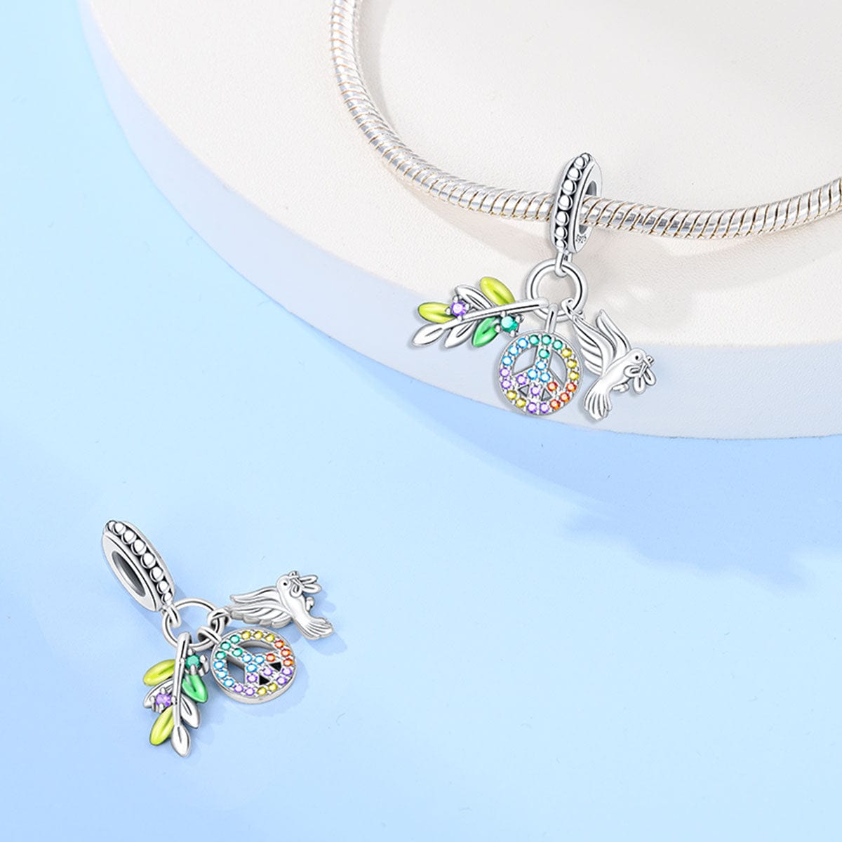 Rainbow Peace Sign with Dove and Olive Branch Charm