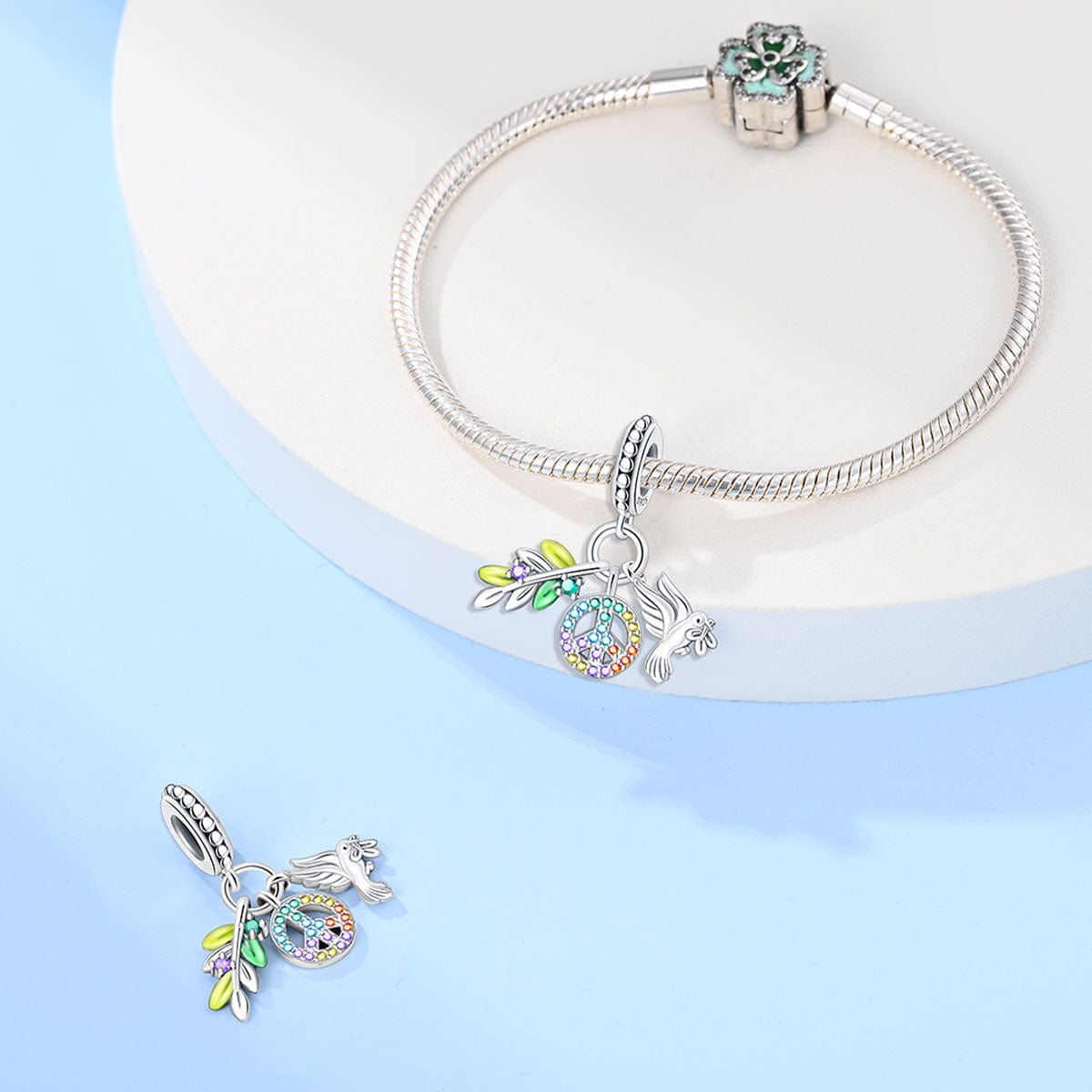 Rainbow Peace Sign with Dove and Olive Branch Charm