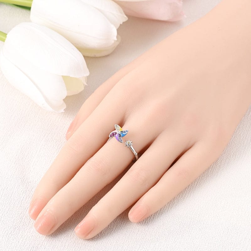 Rainbow Pinwheel Open-Band Adjustable Ring with Sparkling Stones