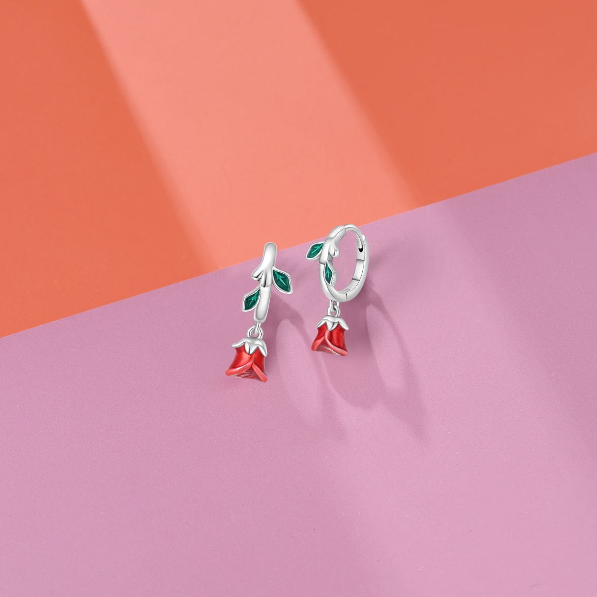 Romantic Red Rose Drop Earrings with Enamel Leaves