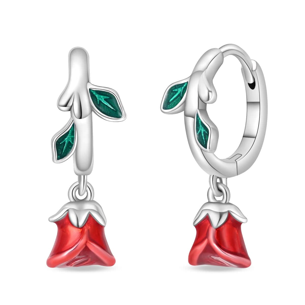 Romantic Red Rose Drop Earrings with Enamel Leaves