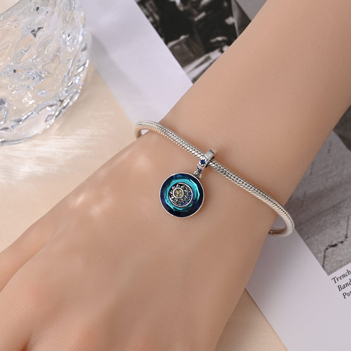 Sapphire Blue Crystal Charm with Sun & Moon Accent