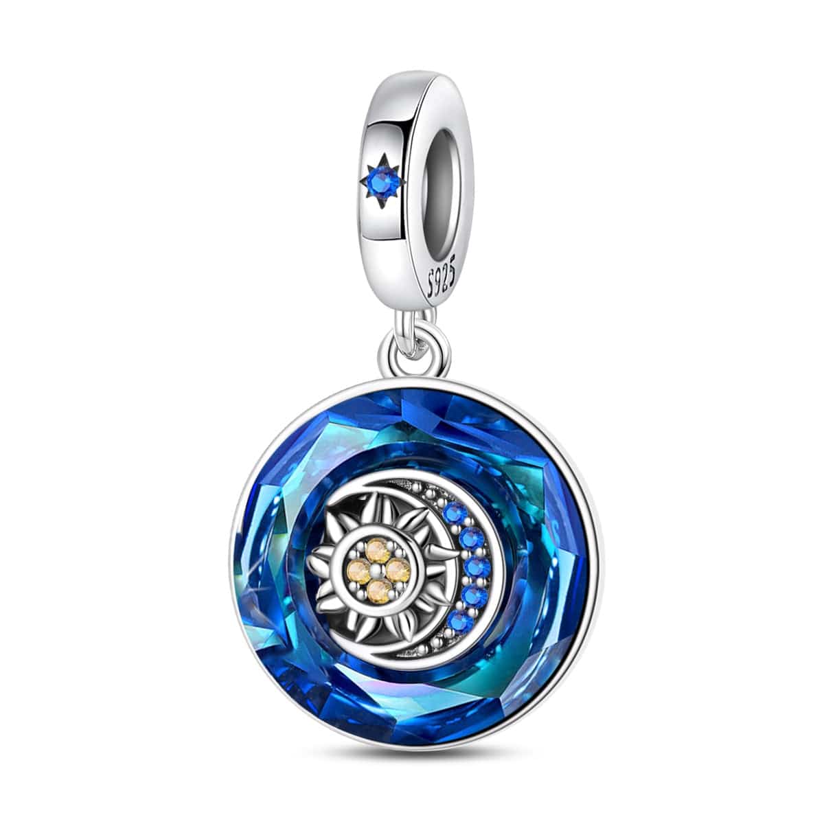 Sapphire Blue Crystal Charm with Sun & Moon Accent