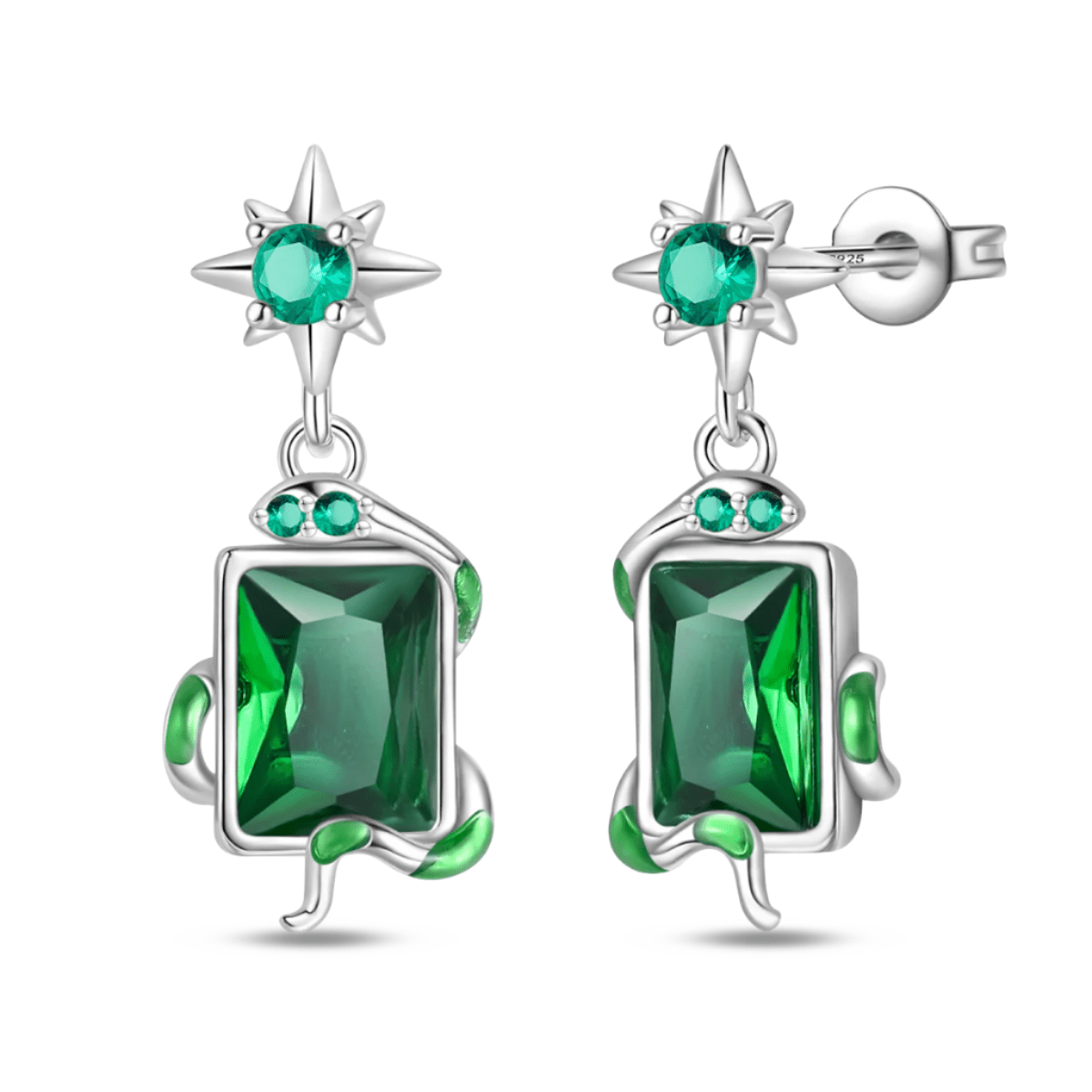 Silver Star & Green Gemstone Vine Drop Earrings