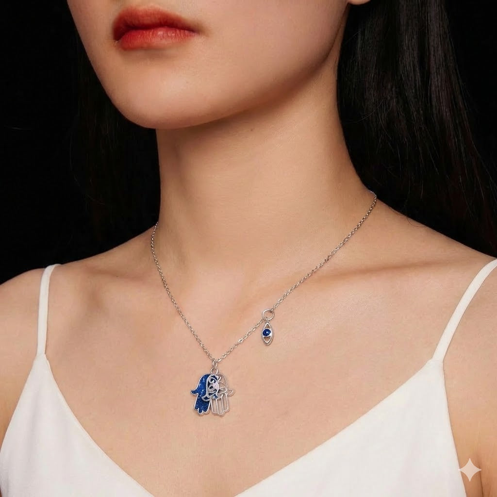 Hamsa Hand Necklace with Blue Galaxy Enamel & Eye