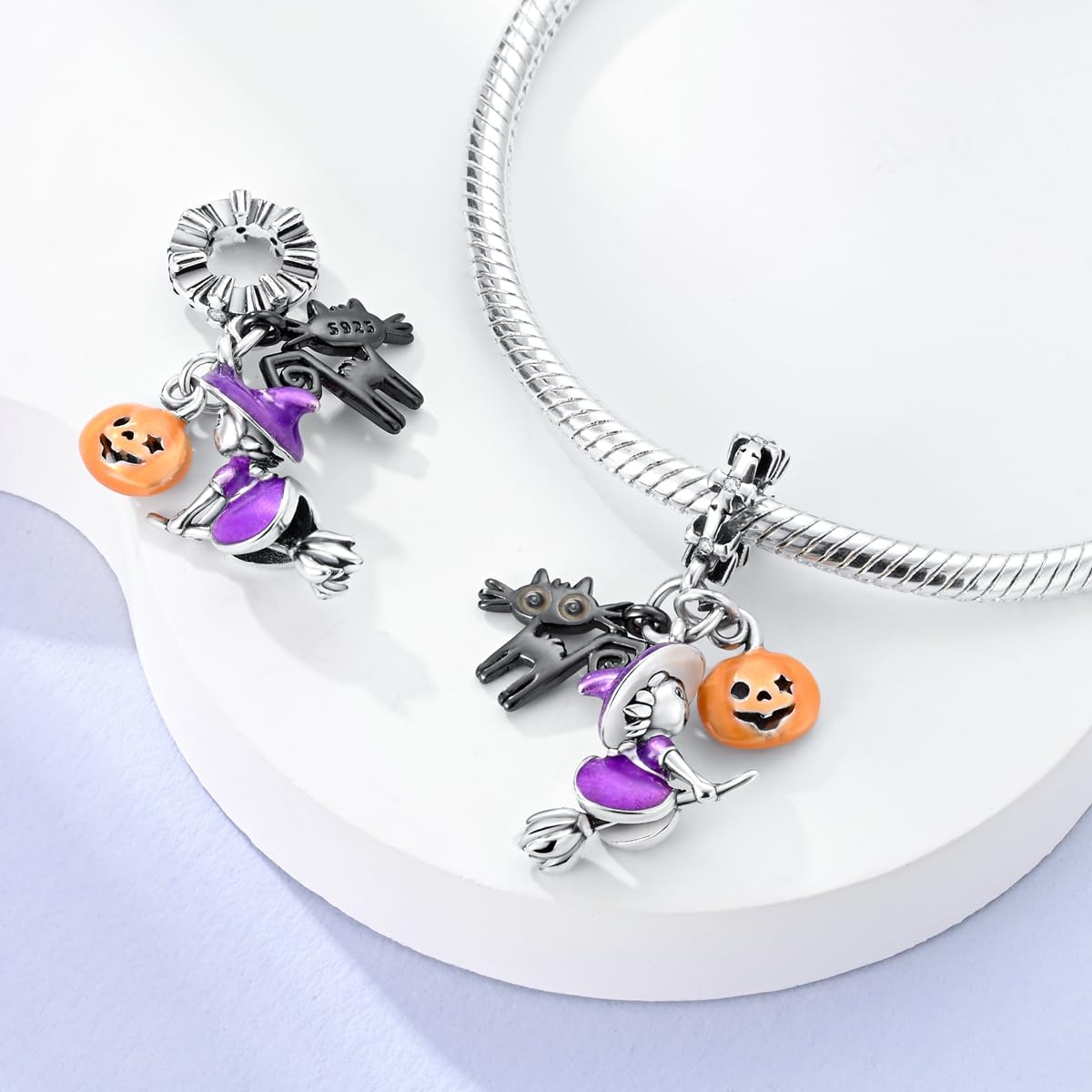 Witch on Broomstick, Luminous Cat & Pumpkin Triple Dangle Charm