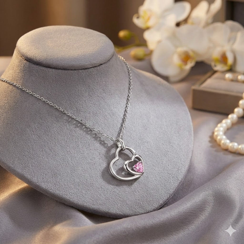 Interlocking Heart Necklace | Silver & Pink Solitaire