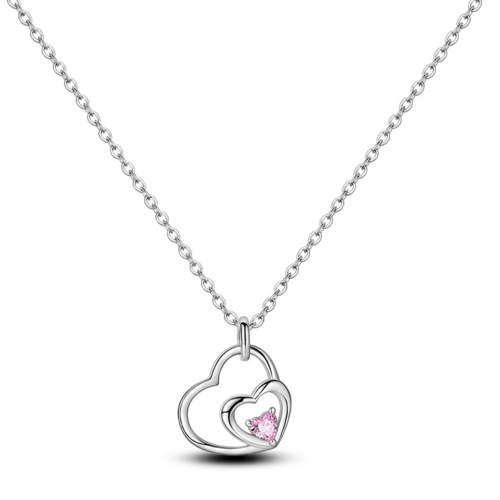 Interlocking Heart Necklace | Silver & Pink Solitaire