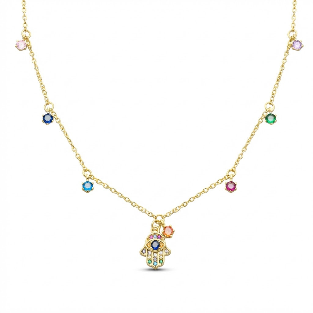 Hamsa Hand Necklace with Multicolor Gemstones