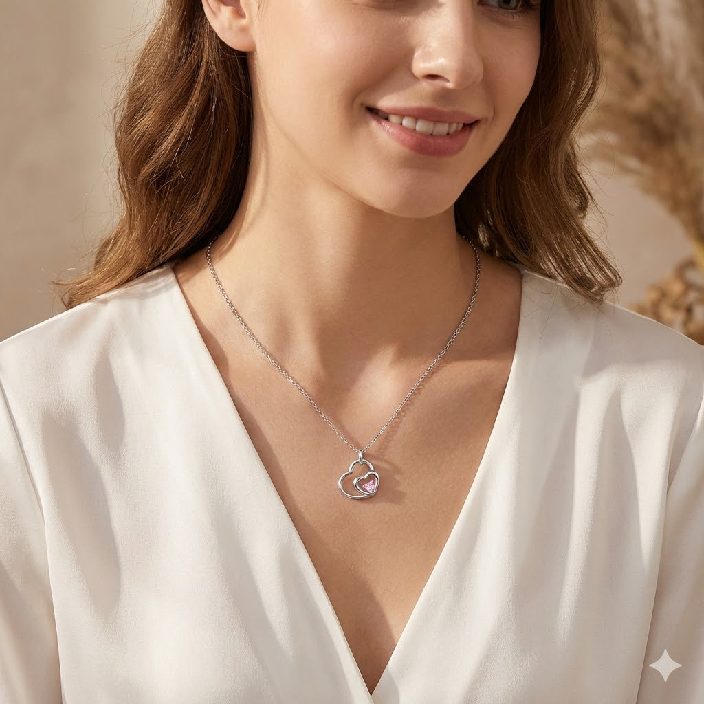 Interlocking Heart Necklace | Silver & Pink Solitaire