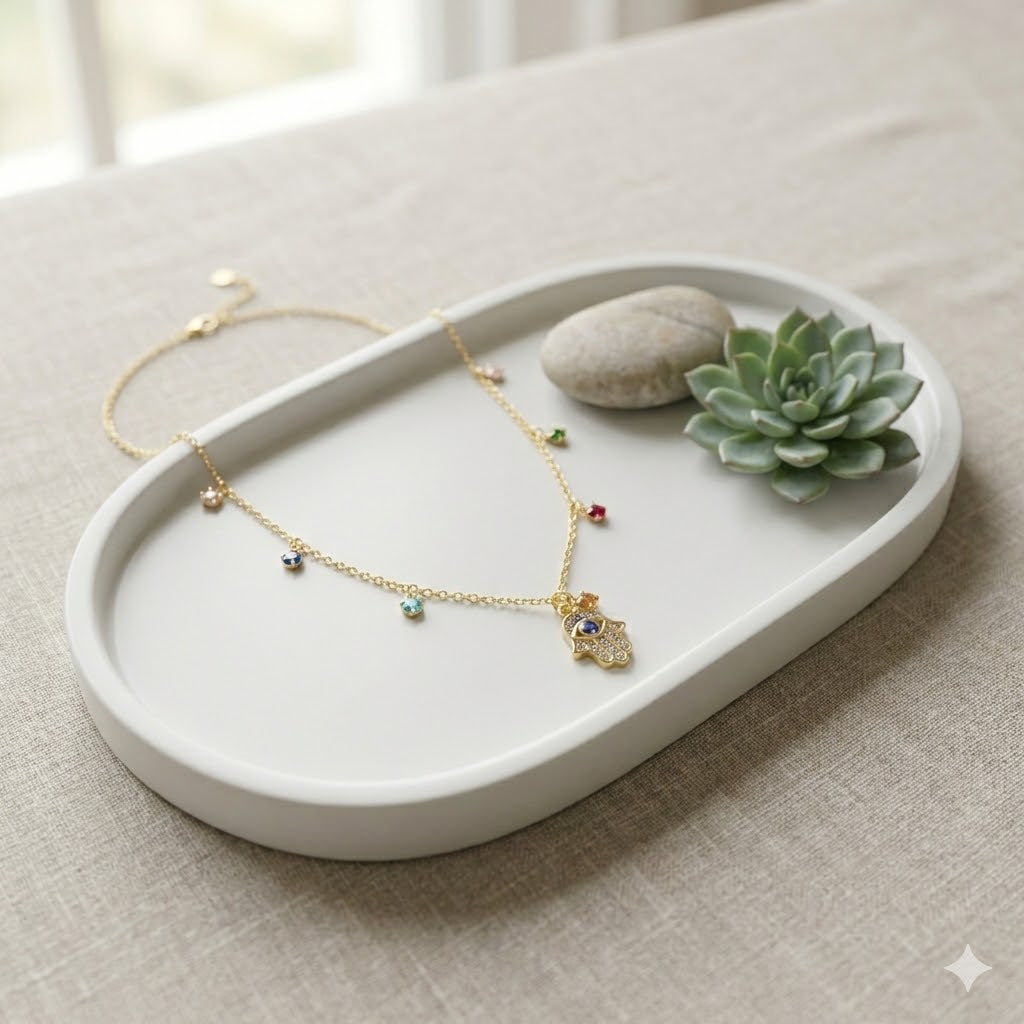 Hamsa Hand Necklace with Multicolor Gemstones