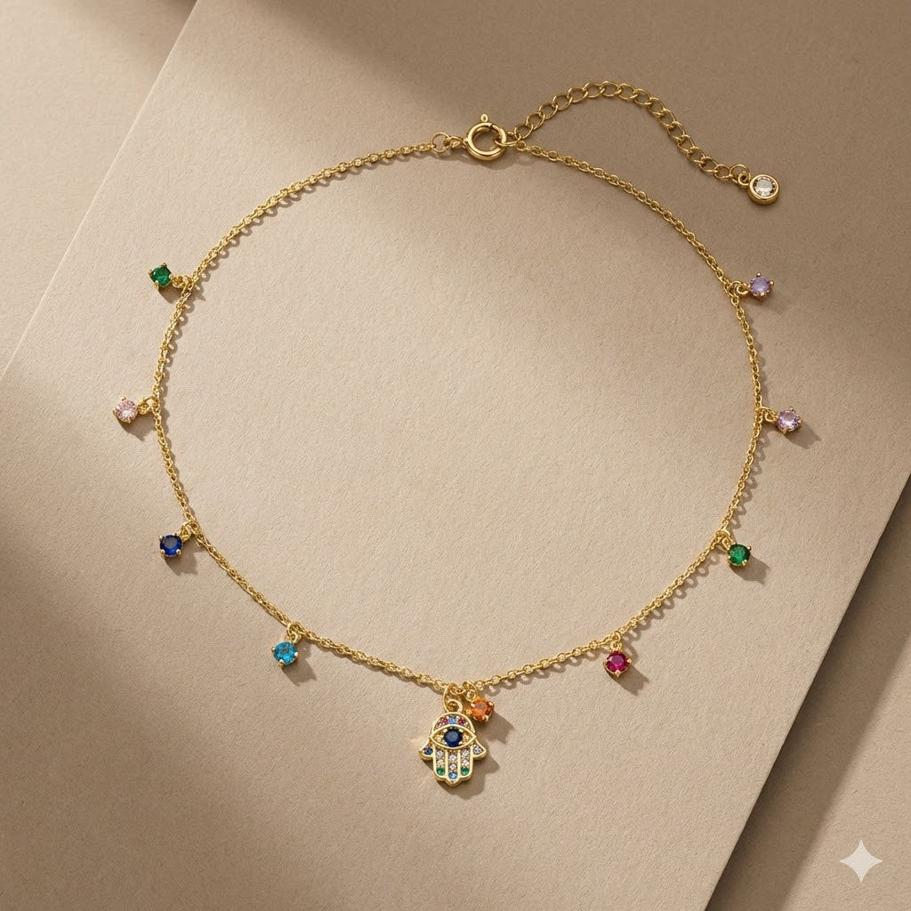 Hamsa Hand Necklace with Multicolor Gemstones