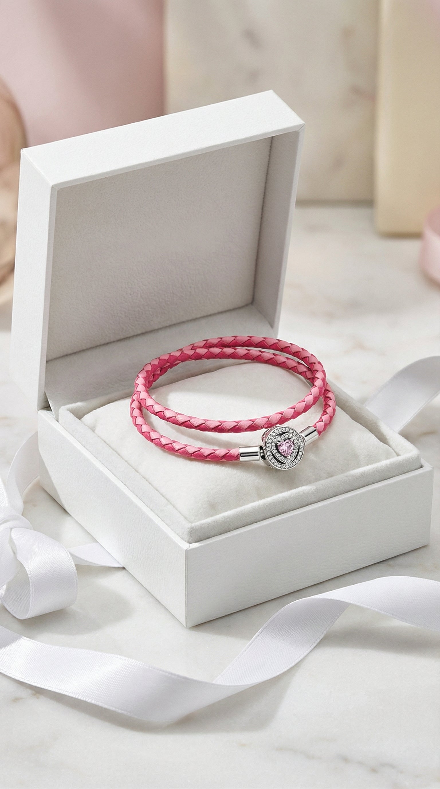 Pink Braided Leather Bracelet with Heart Clasp