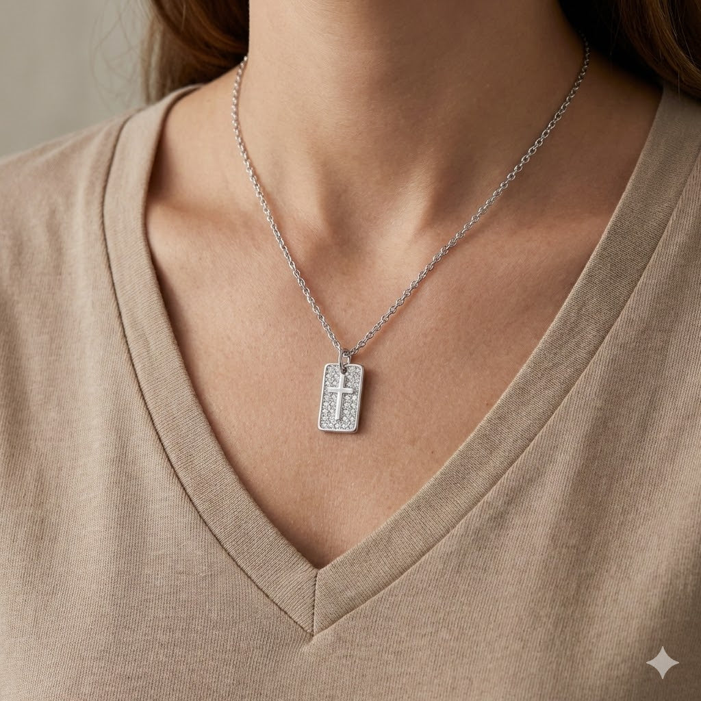 Béra&Co. Sterling Silver Pavé Cross Tag Necklace