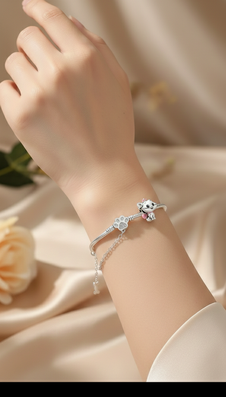 Charming Pink Bow Cat Sterling Silver Disney Charm