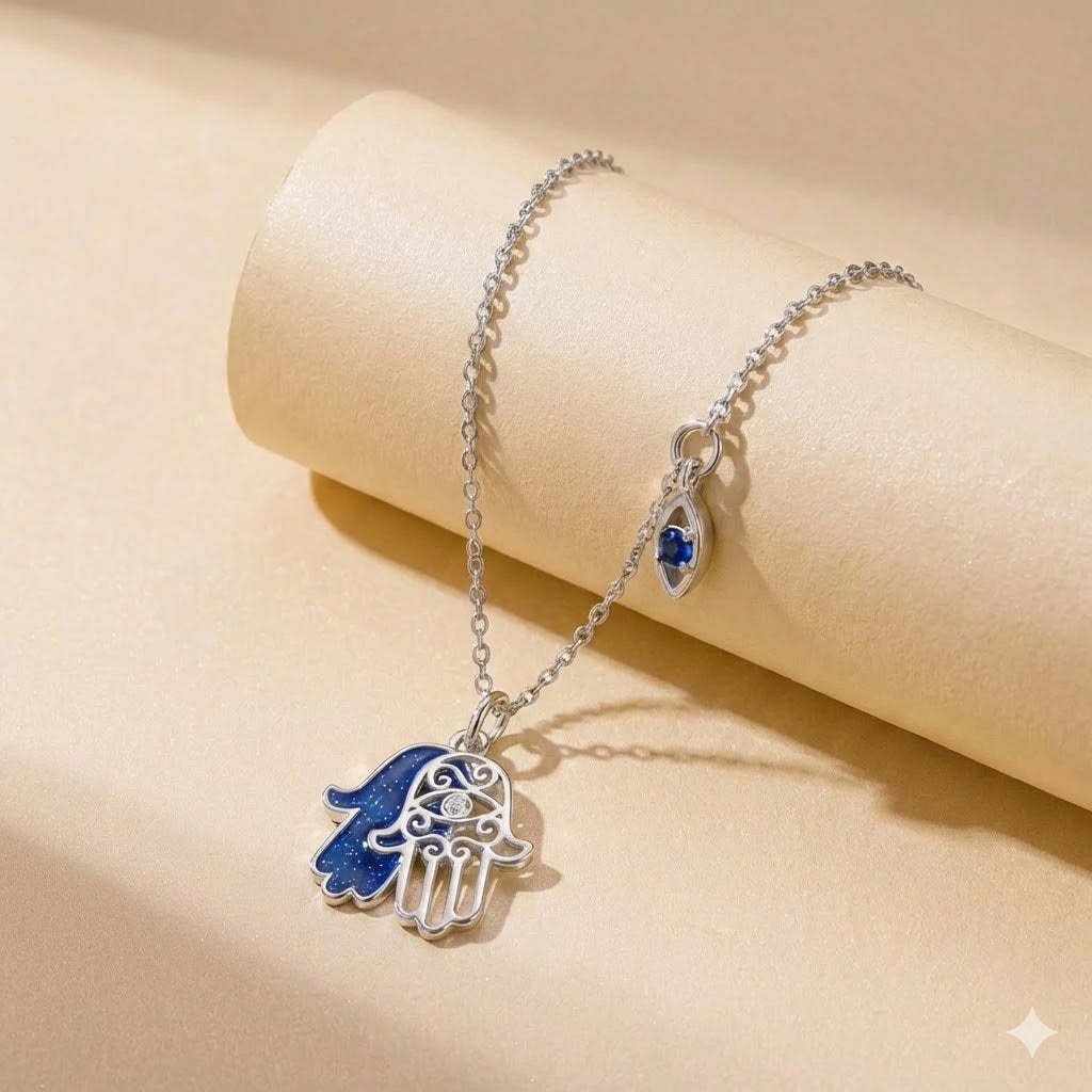 Hamsa Hand Necklace with Blue Galaxy Enamel & Eye