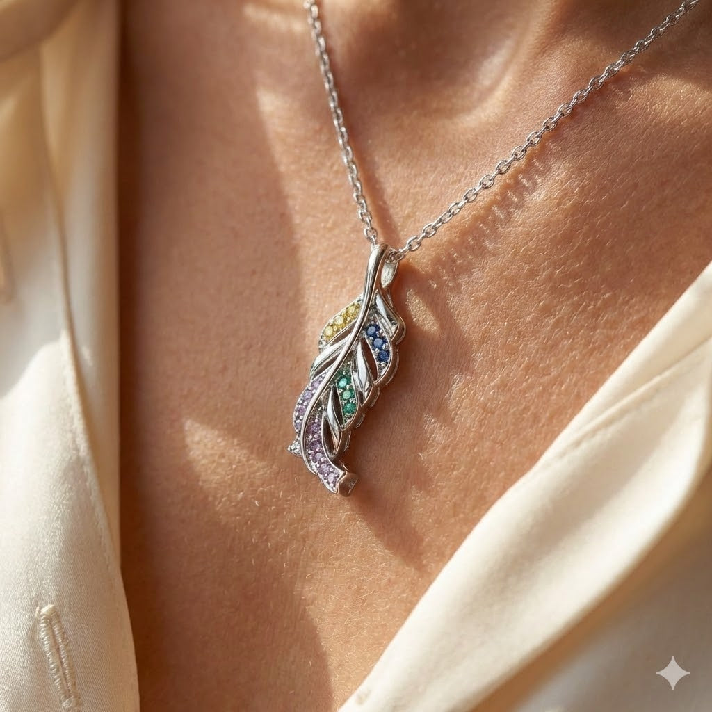 Sterling Silver Rainbow Feather Necklace | Vibrant Plume Edition