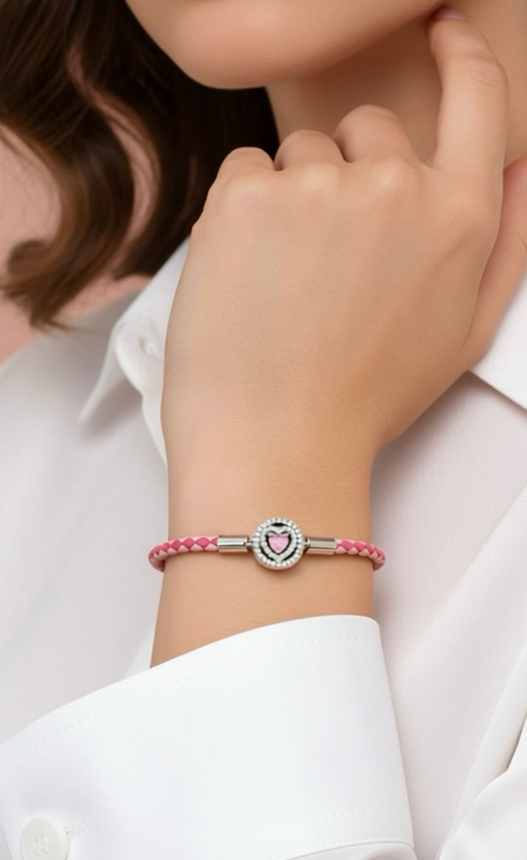 Pink Braided Leather Bracelet with Heart Clasp