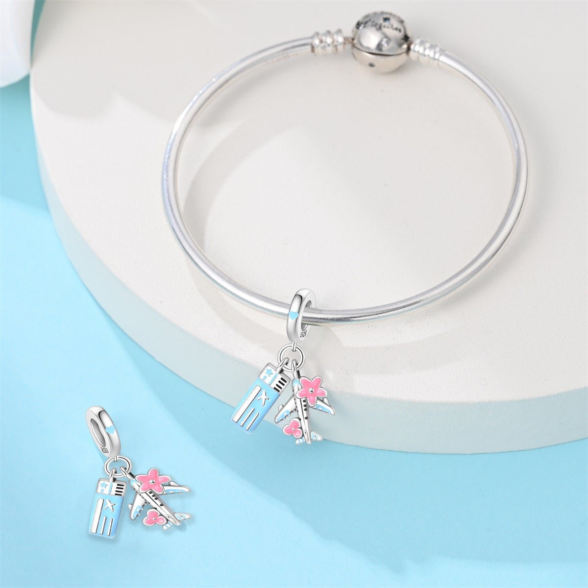 Airplane with Ticket & Flowers Dangle Charm