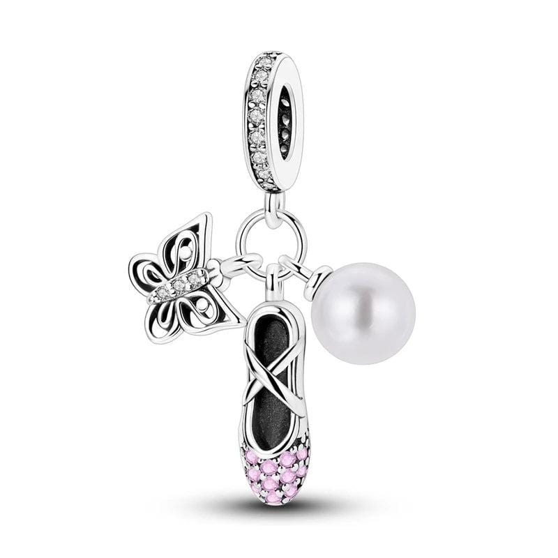 Ballet Slipper, Pearl & Butterfly Triple Dangle Charm