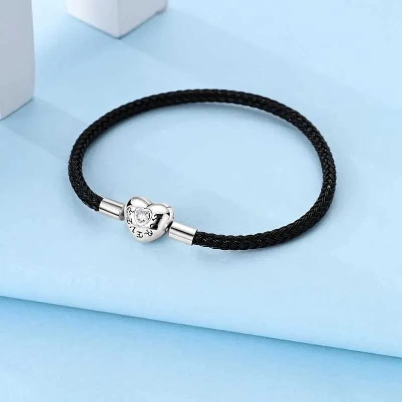 Black Braided Leather Bracelet with Heart Clasp