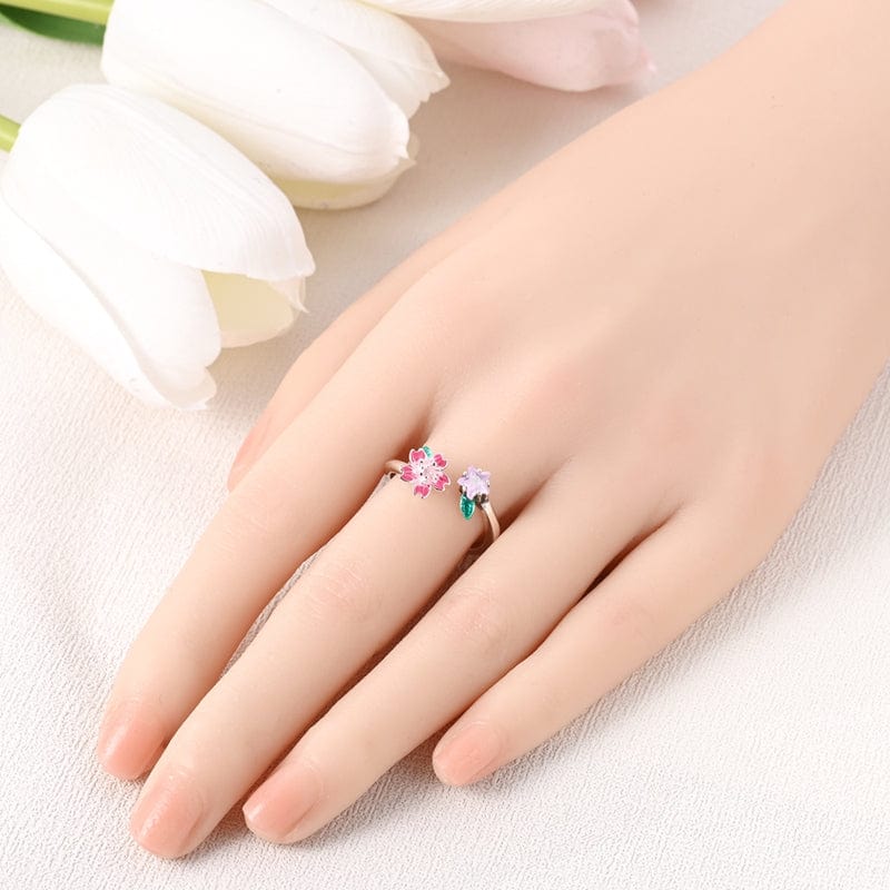 Blooming Pink Flower and Star Crystal Adjustable Ring