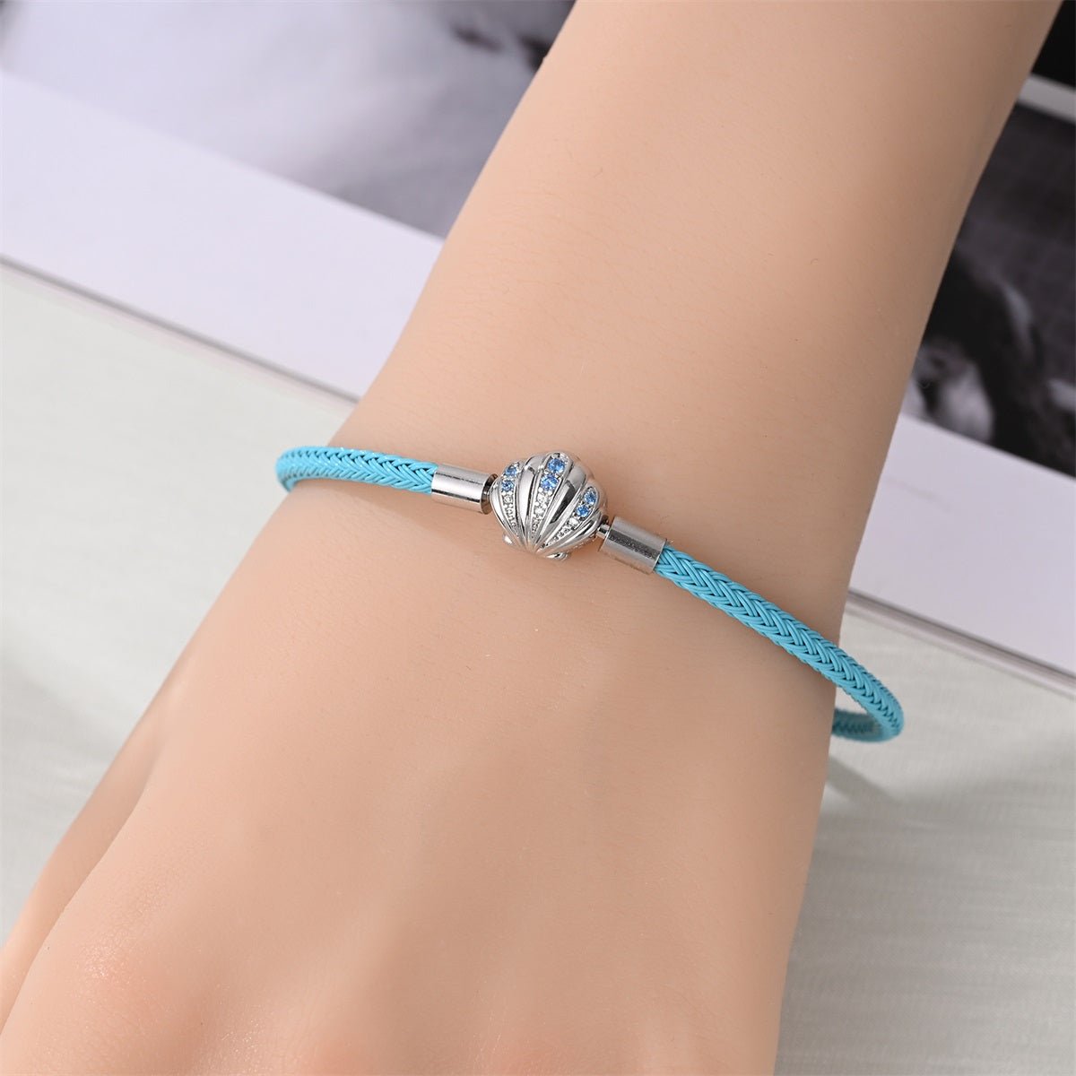 Blue Braided Leather Bracelet with Seashell Clasp