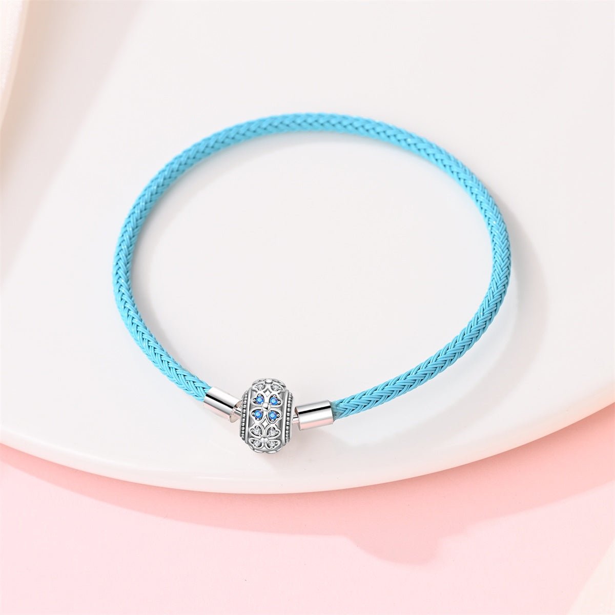 Blue Leather Bracelet with Clover Clasp