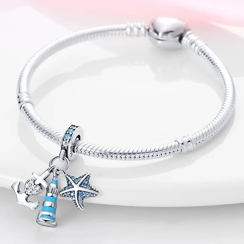 Blue LightHouse with Starfish & Anchor Triple Dangle Charm