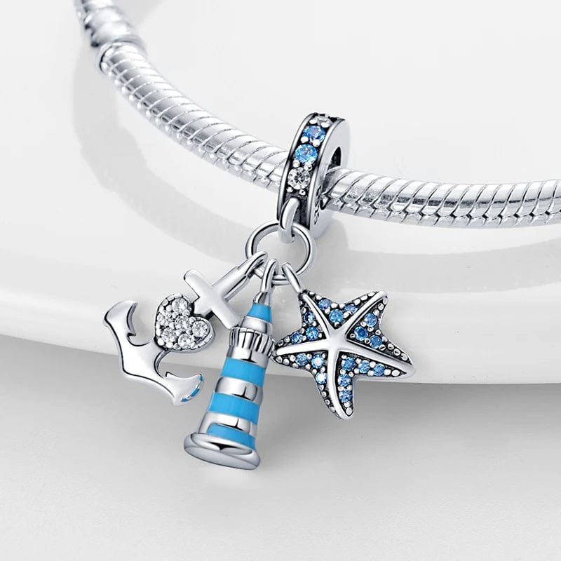 Blue LightHouse with Starfish & Anchor Triple Dangle Charm