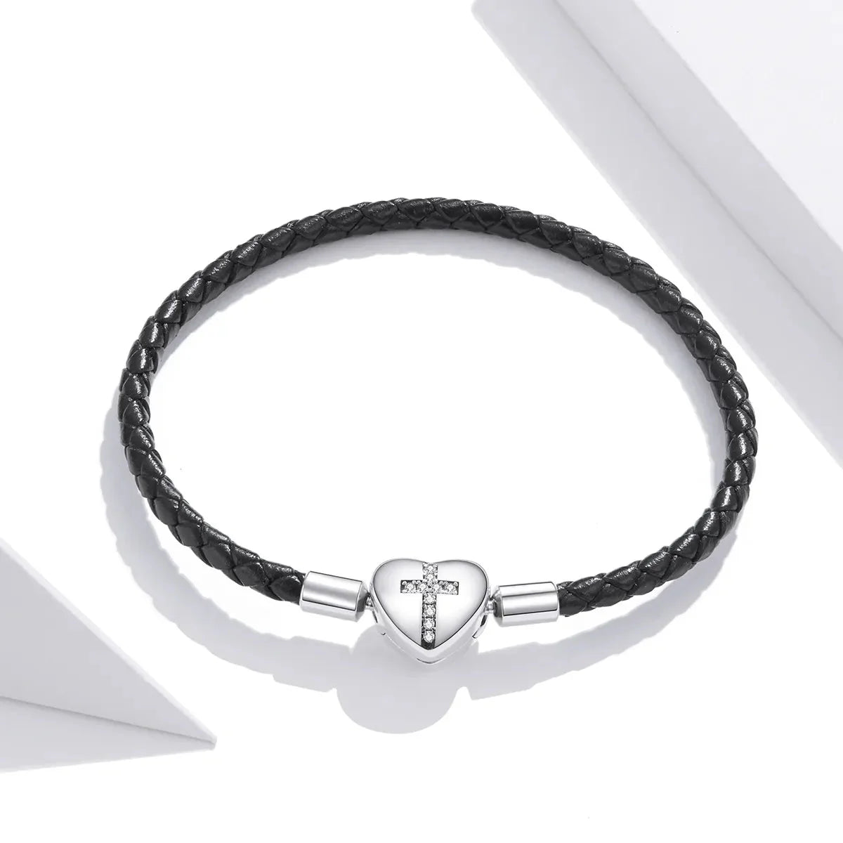 Cross Heart Black Leather Charm Bracelet