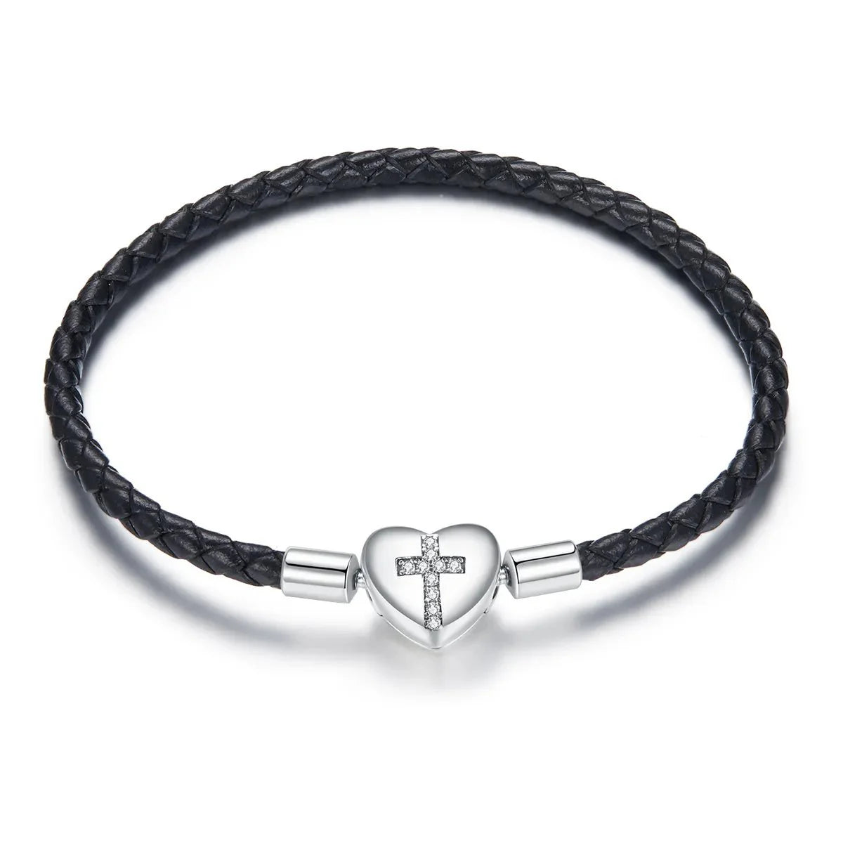 Cross Heart Black Leather Charm Bracelet