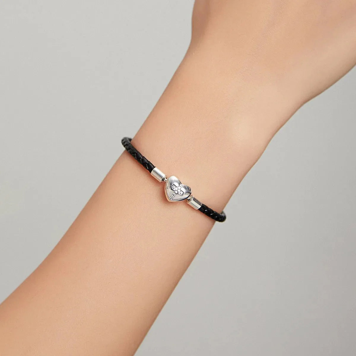 Cross Heart Black Leather Charm Bracelet