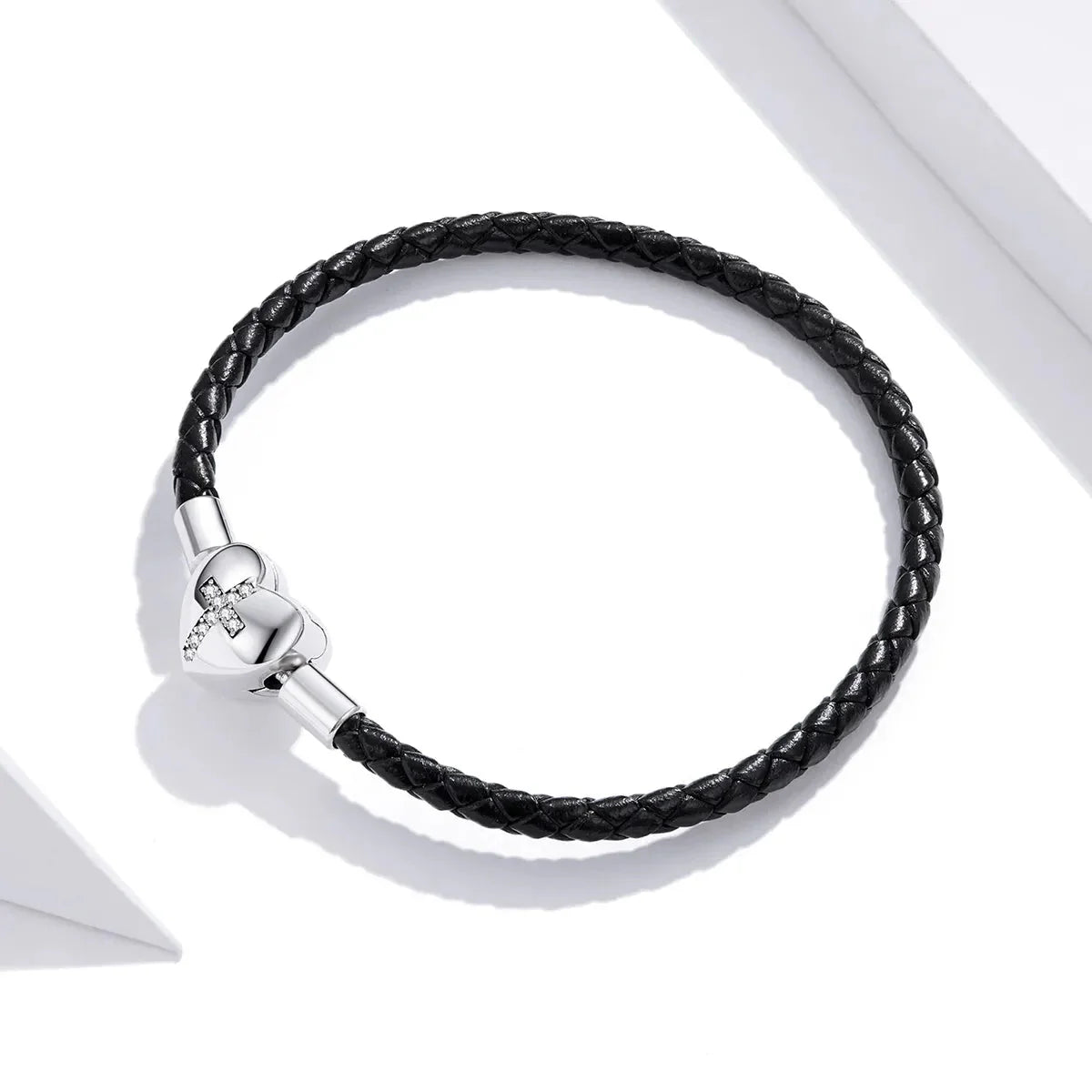 Cross Heart Black Leather Charm Bracelet