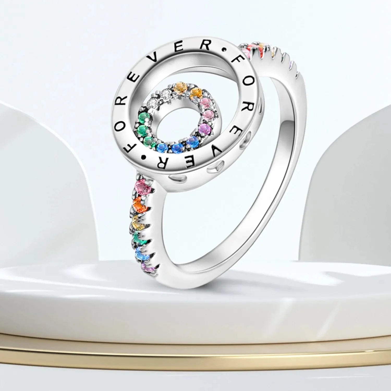 Elegant Sparkling Round Family Forever Rainbow Stone Ring