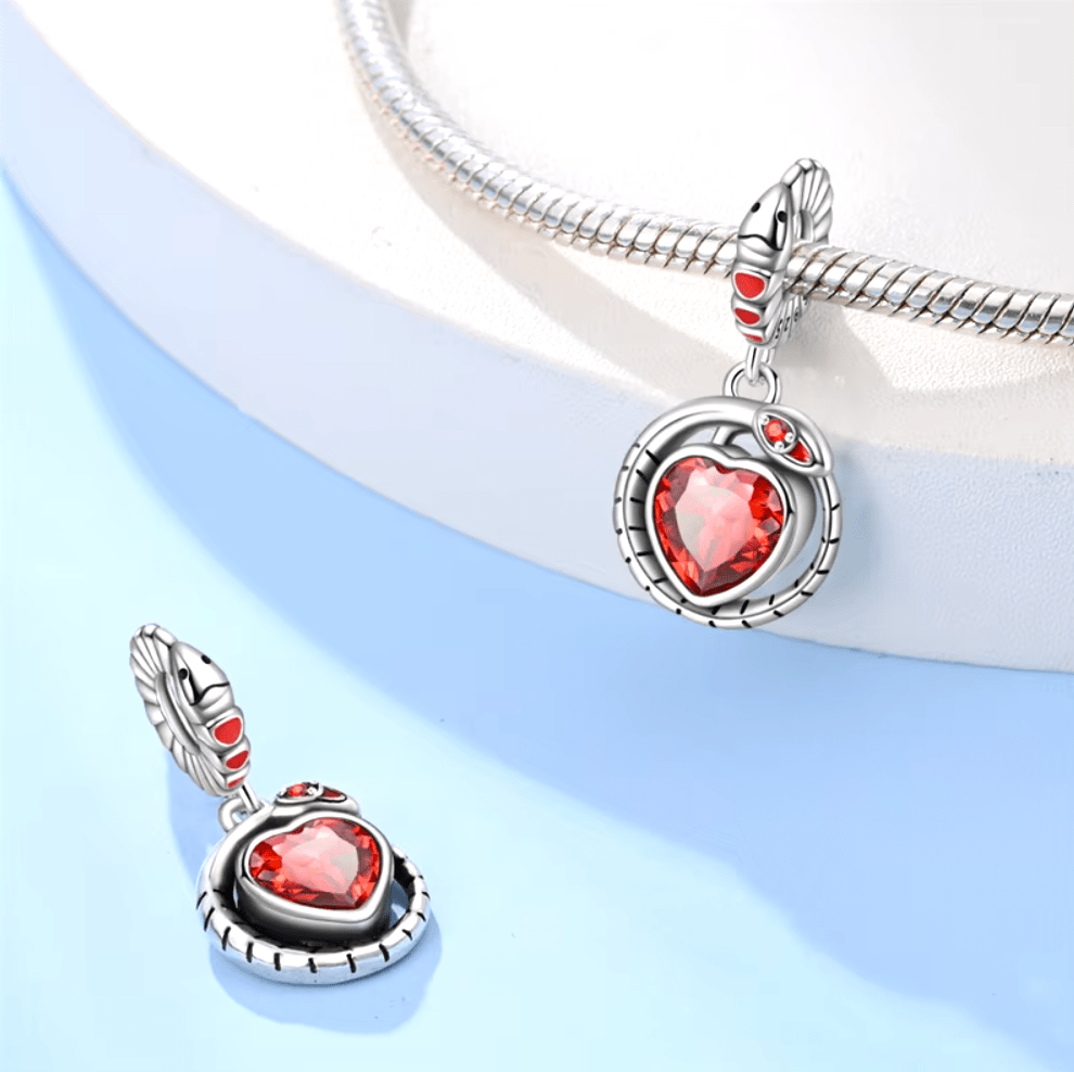 Fiery Heart with Snake Encircle Dangle Charm