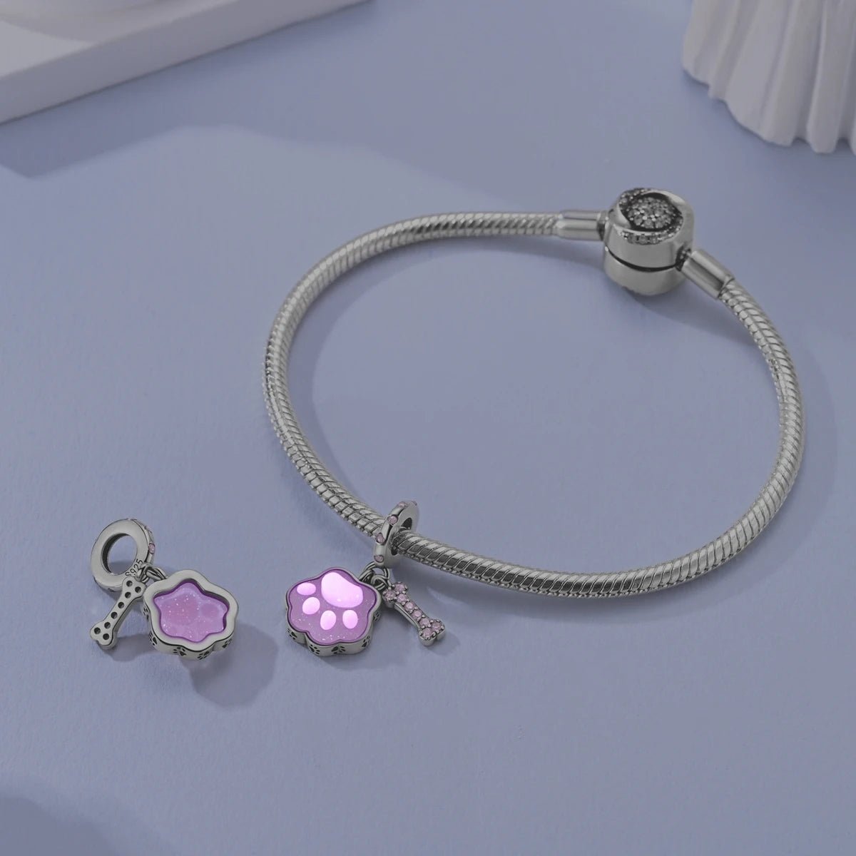 Glow in the Dark Luminous Pink Paw & Bone Dangle Charm