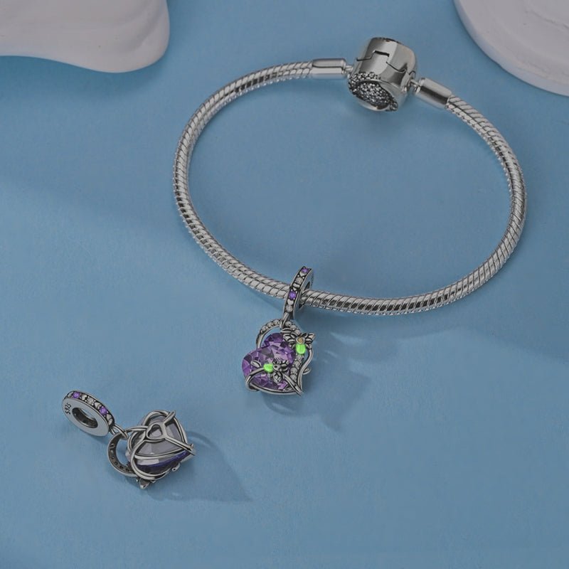 Glow in the Dark Luminous Purple Crystal Heart with Floral Vine Dangle Charm