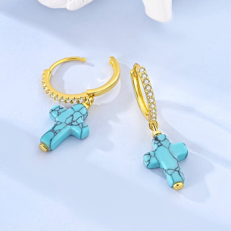 Gold Hoop Earrings with Turquoise Cross
