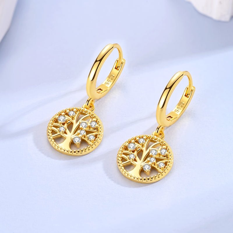 Golden Tree of Life Dangle Hoop Earrings