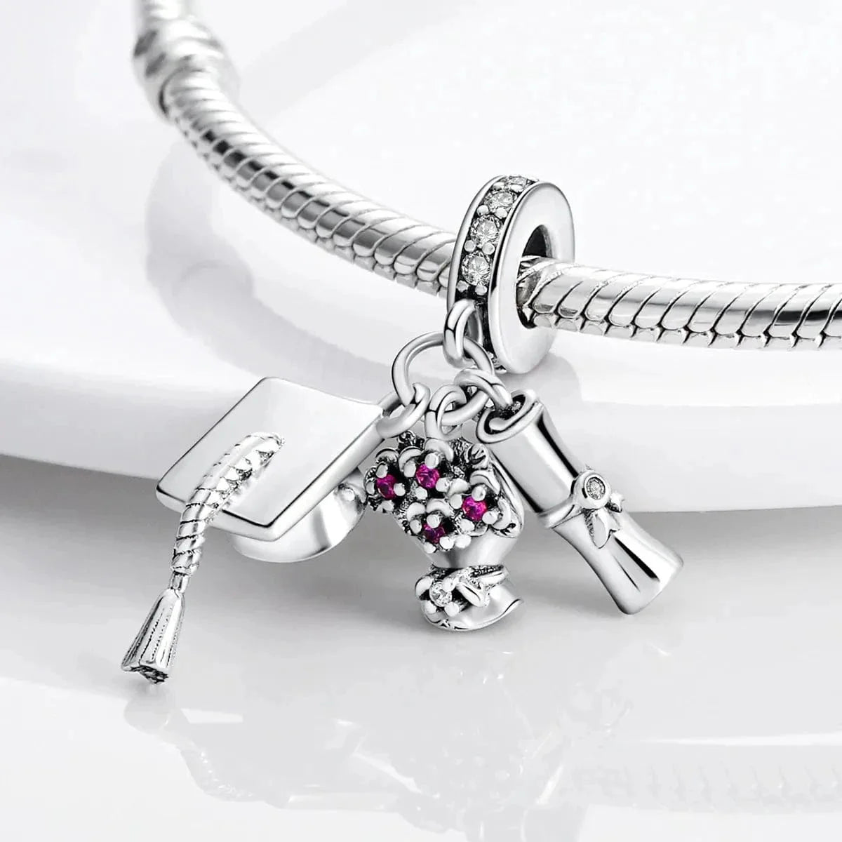 Graduation Cap, Diploma & Flowers Triple Dangle Charm